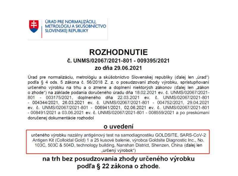 GOLDSITE SARS-CoV-2 مجموعة الاختبار الذاتي المعتمدة من قبل UNMS السلوفاكية